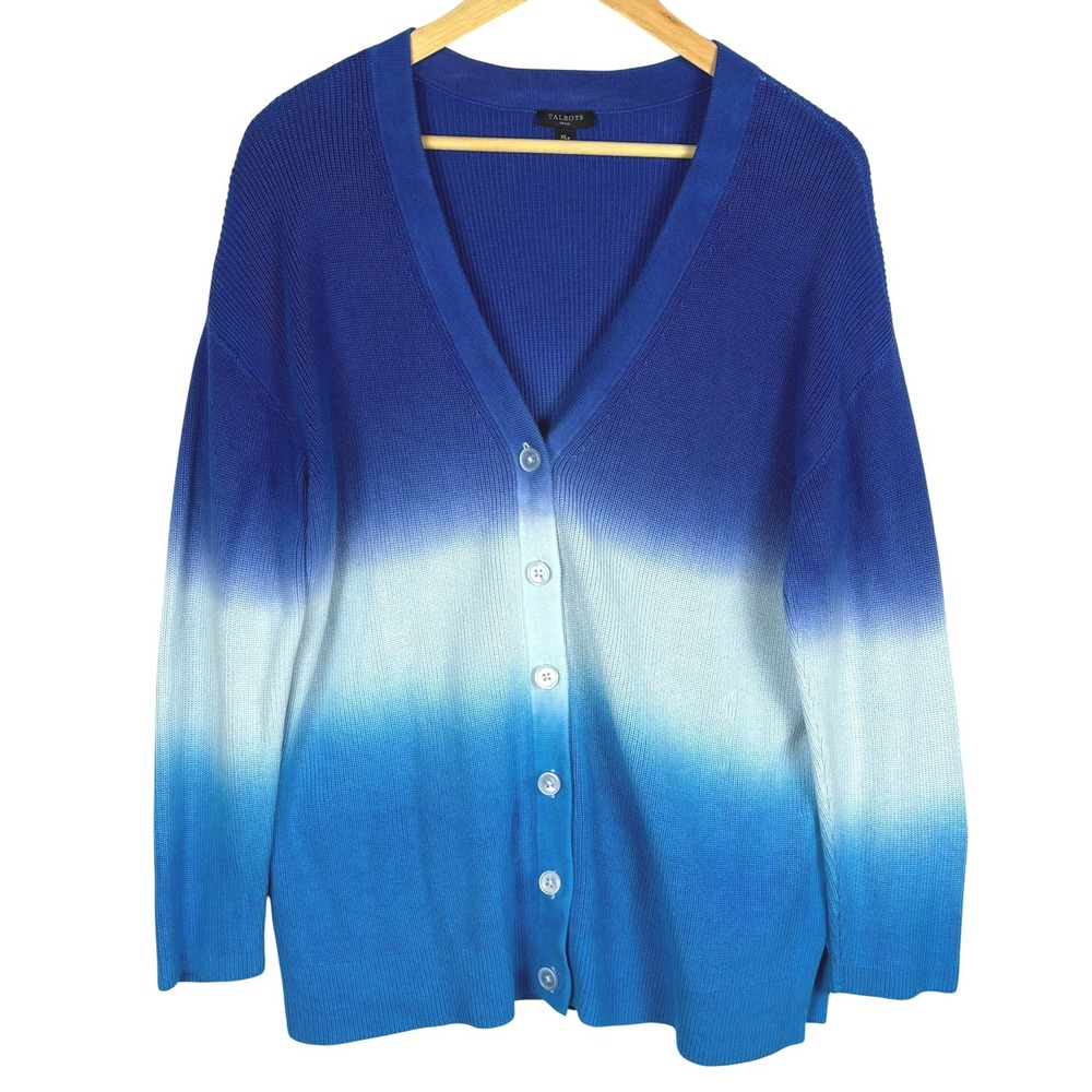 Talbots Women Cotton Tencel Cardigan Sweater XLP‎ Blue Ombre Breathable Coastal